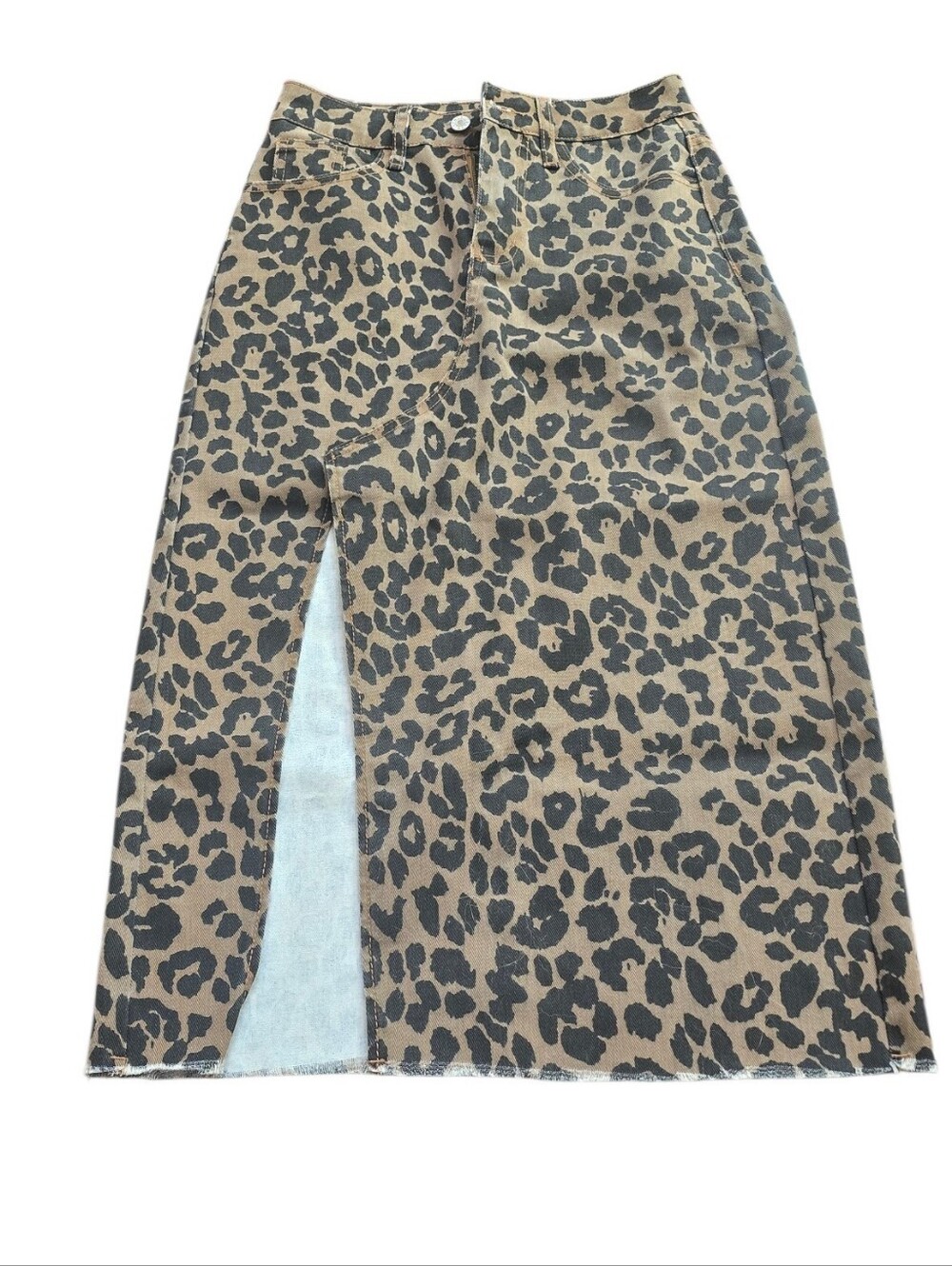 JEANS Leopard Print Midi Skirt with Front Slit - Brown/Black